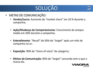 SOLUÇÃO
• METAS DE COMUNICAÇÃO:
  • Vendas/Lucro: Aumento de “market share” em 10 % durante a
    campanha;

  • Ação/Mudança de Comportamento: Crescimento da compra
    média em 20% durante a campanha;

  • Entendimento: “Recall” de 50% do “target” após um mês de
    campanha no ar;

  • Exposição: 90% de “share of voice” da categoria;

  • Efeitos da Comunicação: 85% do “target” concorda com o que a
    marca diz.
 