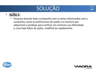 SOLUÇÃO
• AÇÃO 5:
  • Pesquisa durante toda a campanha com as áreas relacionadas com a
    campanha, como os profissionais da saúde e os homens que
    adquiriram o produto, para verificar em números sua efetividade
    e, caso haja falhas de ações, modificá-las rapidamente.
 