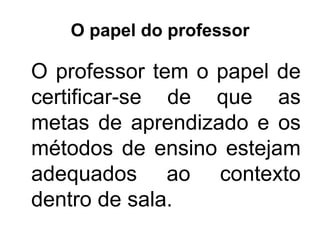 O papel do professor

O professor tem o papel de
certificar-se de que as
metas de aprendizado e os
métodos de ensino estejam
adequados ao contexto
dentro de sala.

 