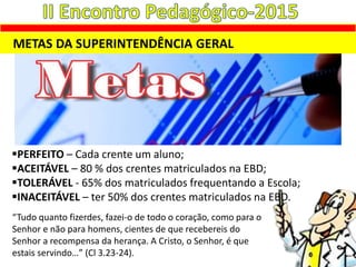 METAS DA SUPERINTENDÊNCIA GERAL
“Tudo quanto fizerdes, fazei-o de todo o coração, como para o
Senhor e não para homens, cientes de que recebereis do
Senhor a recompensa da herança. A Cristo, o Senhor, é que
estais servindo…” (Cl 3.23-24).
PERFEITO – Cada crente um aluno;
ACEITÁVEL – 80 % dos crentes matriculados na EBD;
TOLERÁVEL - 65% dos matriculados frequentando a Escola;
INACEITÁVEL – ter 50% dos crentes matriculados na EBD.
 