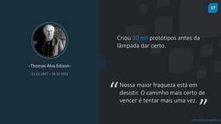17
prof.mlcastro@gmail.com
Criou 10 mil protótipos antes da
lâmpada dar certo.
-Thomas Alva Edison-
11.02.1847 – 18.10.1931
“
”
Nossa maior fraqueza está em
desistir. O caminho mais certo de
vencer é tentar mais uma vez.
 