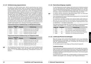 4.1.23 Rufabweisung programmieren                                                   4.1.24 Masterberechtigung vergeben

         Ein Vorteil von ISDN besteht darin, daß Sie gleichzeitig zwei Extern-               Für die Programmierung der Anlage, den Ausdruck der Gebührensummen
         verbindungen haben können. Wenn Sie während eines Externgespräches                  und die Umschaltung der ISDN-Anrufweiterschaltung muß der Teilneh-
         keine weiteren Anrufe auf der ankommend oder abgehend belegten Ruf-                 mer eine Masterberechtigung haben. Im Auslieferzustand ist nur der Teil-
         nummer erhalten möchten, können Sie in Ihrer TK-Anlage die Rufab-                   nehmer 11 als ein solches Mastertelefon eingerichtet. Sie können zusätz-
         weisung programmieren. Dadurch verhindern Sie die Signalisierung ei-                lich jedem anderen Teilnehmer eine Masterberechtigung erteilen.
         nes Anrufes auf der belegten Rufnummer durch Klingeln an anderen                –   Es können mehrere Teilnehmer gleichzeitig Master sein, nur einer kann
         Telefonen oder durch Anklopfen in Ihrem Hörer, während Sie telefonie-               sich aktuell im Programmiermodus befinden.
         ren. Der Anrufer hört dann den Besetztton. Sie können für jede Rufnum-
                                                                                         –   Eine Umprogrammierung der Masterberechtigung wird erst bei Abschluß
         mer (MSN/DDI) einzeln einstellen, ob Sie die Abweisung wünschen oder
                                                                                             der Programmierung gültig.
         nicht. Im Auslieferzustand ist die Rufabweisung nicht aktiviert. Ein auf
         einer anderen Rufnummer ankommender Ruf (z. B. Fax) klingelt während            –   Ein Teilnehmer, der Master werden soll, muß als Telefon oder Kombi ein-
         Sie sprechen ganz normal nach der dafür programmierten Rufverteilung.               gerichtet sein und mindestens die kommende Amtsberechtigung haben.
         Die Programmierung erfolgt über ein Mastertelefon im Programmiermodus           –   Im Auslieferzustand oder wenn der letzte Master wegprogrammiert wird,
         (D9000, siehe Kapitel 3.2.2, „Einstieg in den Programmiermodus“).                   ist Teilnehmer 11 als Master eingerichtet.
         Programmierung der Rufabweisung am Mehrgeräteanschluß                               Die Programmierung erfolgt über ein Mastertelefon im Programmiermodus
                                                                                             (D9000, siehe Kapitel 3.2.2, „Einstieg in den Programmiermodus“).
                     externer
          Code Nr.            Eingabe                 Erläuterung                             Code Nr.    Eingabe                     Erläuterung
                       Port
            D917      0/1/2        0      Rufabweisung AUS für alle MSN                         D907          0       nur Teilnehmer 11 hat Masterberechtigung
            D917      0/1/2        1      Rufabweisung EIN für alle MSN                         D907          1       alle Teilnehmer haben Masterberechtigung
            D918      0/1/2       0-9     Rufabweisung AUS für MSN                              D908         XX       Teilnehmer XX hat keine Masterberechtigung
            D919      0/1/2       0-9     Rufabweisung EIN für MSN                              D908         XX       Teilnehmer XX hat Masterberechtigung




                                                                                                                                                                        Programmierung
         Programmierung der Rufabweisung am Anlagenanschluß




                                                                                                                                                                           Optionale
                                                                                    4.1.25 Länderspezifische Einstellungen
                     externer
          Code Nr.            Eingabe                 Erläuterung
                       Port                                                                  Wenn die Anlage nicht in Deutschland betrieben wird, ist es notwendig,
            D917      0/1/2        0      Rufabweisung AUS für alle DDI                      länderspezifische Einstellungen vorzunehmen. Das betrifft die Einstel-
                                                                                             lung der Landeskennung und unter Umständen die Einstellung für die
            D917      0/1/2        1      Rufabweisung EIN für alle DDI
                                                                                             Art der Gebühreninformation.
            D918      0/1/2     00 - 29   Rufabweisung AUS für DDI
                                                                                             Im Auslieferzustand ist die Anlage auf Deutschland eingestellt.
            D919      0/1/2     00 - 29   Rufabweisung EIN für DDI
                                                                                             Landeseinstellung
     –   Ein anklopfendes Gespräch können Sie auch, wenn Sie die Rufabweisung
         nicht programmiert haben, durch die Prozedur RD49 abweisen (siehe                   Die Einstellung der Landeskennung bewirkt für die Ausgabe der Gesprächs-
         Kapitel 2.1.7 im Heft Bedienungsanleitung, „Anklopfendes Gespräch ab-               daten auf einem angeschlossenen Drucker bzw. einem Terminalprogramm
         weisen”).                                                                           die Verwendung der richtigen Währungseinheiten. Außerdem werden ver-
                                                                                             schiedene länderspezifische Protokoll-Unterschiede in der Steuerung der
                                                                                             TK-Anlage aktiviert.
                                                                                             Die Programmierung erfolgt über ein Mastertelefon im Programmiermodus
                                                                                             (D9000, siehe Kapitel 3.2.2, „Einstieg in den Programmiermodus“).




42                                         Installation und Programmierung          4. Optionale Pogrammierung                                                    43
 