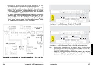 5. Stecken Sie die Schraubklemmen der einzelnen Leitungen auf die dafür
                 vorgesehenen Steckplätze (siehe untenstehende Abbildungen).
              6. Stecken Sie einen der zwei Westernstecker des mitgelieferten Anschluß-
                 kabels für den S0-Anschluß in die Western-Buchse für den 1. externen S0-
                 Anschluß in der Telefonanlage. Den anderen Westernstecker des Anschluß-
                                                                                                                                                                                            Tln 18 Tln 17 Tln 16 Tln 15      Tln 14 Tln 13 Tln 12 Tln 11      a2 a1 b1 b2

                 kabels stecken Sie erst nach Abschluß der Installation in die Anschlußdose
                                                                                                                                                                                 MOH
                 bzw. in den NTBA Ihres ISDN-Anschlusses.                                                                                                               1. TFE              b8 a8 b7 a7 b6 a6 b5 a5           b4 a4 b3 a3 b2 a2 b1 a1           interner
                                                                                                                                                                                                                                                              So-Anschluß
                                                                                                                                                                                                                                                                                1. externer
                                                                                                                                                                                                                                                                               So-Anschluß
                                                                                                                                                                                                                                                                                               2. externer RS 232 C
                                                                                                                                                                                                                                                                                              So-Anschluß


                                                                                                                                                                                                                                                                                              nicht bei
              7. Sie können an der Telefonanlage den optional erhältlichen Schnittstellen-                                                                                                                                                                    nicht bei                        1108 /
                                                                                                                                                                                                                                                                1008                            1008
                 adapter für eine Türfreisprecheinrichtung nach Spezifikation der stan-
                 dardisierten Schnittstelle FTZ 123D12 (inklusive Klingelknopfsignalisie-
                 rung) anschließen. Sollten Sie eine office mit a/b-Erweiterungsmodul
                 haben, können Sie an der oberen Anschlußleiste einen zweiten Adapter
                 für eine weitere Türfreisprecheinrichtung anschließen.


                                                                                                                                                 Abbildung 5-2 Anschlußfeld der office 2108/1108/1008

                  Tln26 Tln25 Tln24 Tln23



                     a16 a15
                  b16 b15
                                a14 a13
                             b14 b13
                                                           2. TFE
                                                                       Tln22 Tln21 Tln20 Tln19



                                                                          a12 a11
                                                                       b12 b11
                                                                                     a10 a9
                                                                                  b10 b9

                                                                                    interner
                                                                                                      }    nur office 2108 / 1108 / 1008
                                                                                                                  mit a/b-Modul




                          Tln18 Tln17 Tln16 Tln15    Tln14 Tln13 Tln12 Tln11      S0-Anschluß                                                                                               Tln 18 Tln 17 Tln 16 Tln 15       Tln 14 Tln 13 Tln 12 Tln 11     a2 a1 b1 b2


                                                                                                                                                                                  MOH
                                                                                                                                                                        1. TFE              b8 a8 b7 a7 b6 a6 b5 a5           b4 a4 b3 a3 b2 a2 b1 a1           interner        1. externer    2. externer RS 232 C
                                                                                                                                                                                                                                                              So-Anschluß      So-Anschluß    So-Anschluß

     1. TFE      MOH      b8 a8 b7 a7 b6 a6 b5 a5    b4 a4 b3 a3 b2 a2 b1 a1     a2 a1 b1 b2     1. externer          2. externer RS232C-
                                                                                                 S0-Anschluß         S0-Anschluß Schnittstelle
                                                                                                                                                                                 Tln 26 Tln 25 Tln 24 Tln 23                                     Tln 22 Tln 21 Tln 20 Tln 19

                                                                                   nicht bei                           nicht bei
                                                                                                                                                                                                                          2. TFE
                                                                                  office 1008                     office 1108 / 1008




                 TFE-Schnittstellenadapter
                                                                                                                           D-Sub-9 Buchse
                                                                                                                                2 Tx             Abbildung 5-3 Anschlußfeld der office 2108 mit Erweiterungsmodul
                                                                                                                                3 Rx
                                                                                                                                5 GND
                                 Klingelknopf 1                                                                                 7 CTS
                                                                                                                                                       –   Die maximale Kontaktbelastung des TS-Relais (Relais zum Einschalten




                                                                                                                                                                                                                                                                                                                           Installation
                                                         Musikquelle                                       TAE 6 F oder         8 RTS
                                                                                                           NF oder NFN
                                 Klingelknopf 2     CD-Player, Tuner oder
                                                                                                                                                           eines externen Verstärkers) und des TO-Relais (Türöffner-Relais) im TFE-
                                                     Kassettenrecorder                                                                                     Schnittstellenadapter beträgt 24 V / 300 mA.
                           Türfreisprech-
                                                                                                                                                       –   Wenn eine Anschlußleitung der Telefonanlage außerhalb des Gebäudes
                           einrichtung                                                                                                                     geführt wird, empfehlen wir, einen externen Blitzschutz für die Leitung
                                                                                 Telefon, Modem, Telefax
                           nach FTZ 123D12
                                                                                  oder Anrufbeantworter
                                                                                                                                                           vorzusehen. (Siehe auch Kapitel 2, Sicherheitshinweise)
     Türöffner


Abbildung 5-1 Anschließen der Leitungen an die office 2108/1108/1008




56                                                                          Installation und Programmierung                                      5. Installation                                                                                                                                                      57
 