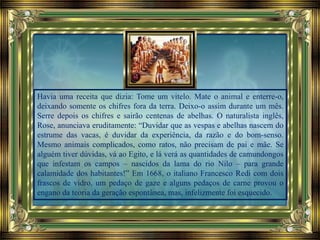 Havia uma receita que dizia: Tome um vitelo. Mate o animal e enterre-o,
deixando somente os chifres fora da terra. Deixo-o assim durante um mês.
Serre depois os chifres e sairão centenas de abelhas. O naturalista inglês,
Rose, anunciava eruditamente: “Duvidar que as vespas e abelhas nascem do
estrume das vacas, é duvidar da experiência, da razão e do bom-senso.
Mesmo animais complicados, como ratos, não precisam de pai e mãe. Se
alguém tiver dúvidas, vá ao Egito, e lá verá as quantidades de camundongos
que infestam os campos – nascidos da lama do rio Nilo – para grande
calamidade dos habitantes!” Em 1668, o italiano Francesco Redi com dois
frascos de vidro, um pedaço de gaze e alguns pedaços de carne provou o
engano da teoria da geração espontânea, mas, infelizmente foi esquecido.
 