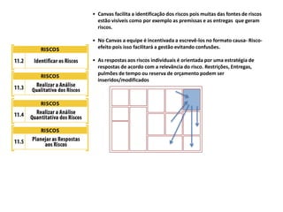 • Canvas facilita a identificação dos riscos pois muitas das fontes de riscos
estão visíveis como por exemplo as premissas e as entregas que geram
riscos.
• No Canvas a equipe é incentivada a escrevê-los no formato causa- Risco-
efeito pois isso facilitará a gestão evitando confusões.
• As respostas aos riscos individuais é orientada por uma estratégia de
respostas de acordo com a relevância do risco. Restrições, Entregas,
pulmões de tempo ou reserva de orçamento podem ser
inseridos/modificados
 