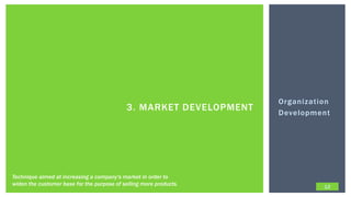 Organization
                                            3. MARKET DEVELOPMENT   Development




Technique aimed at increasing a company's market in order to
widen the customer base for the purpose of selling more products.             12
 