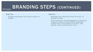BRANDING STEPS                                     (CONTINUED)
Step Five                                      Step Six
•   Create and present full layout and/or e-   •   Develop final electronic files for print, or
    design                                         coding for web
                                               •   Final execution and management of products
                                                   (website launch, launch media campaign,
                                                   exhibit built, print pieces to printer, ads
                                                   placed, press releases sent, etc.)
 