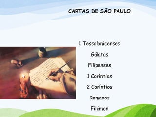 CARTAS DE SÃO PAULO
1 Tessalonicenses
Gálatas
Filipenses
1 Coríntios
2 Coríntios
Romanos
Filémon
 