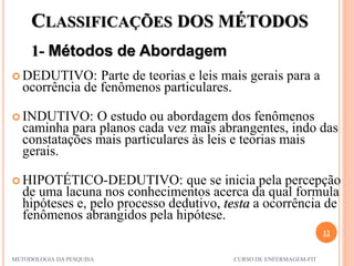 CLASSIFICAÇÕES DOS MÉTODOS
1- Métodos de Abordagem
12
METODOLOGIA DA PESQUISA CURSO DE ENFERMAGEM-FIT
 DEDUTIVO: Parte de teorias e leis mais gerais para a
ocorrência de fenômenos particulares.
 INDUTIVO: O estudo ou abordagem dos fenômenos
caminha para planos cada vez mais abrangentes, indo das
constatações mais particulares às leis e teorias mais
gerais.
 HIPOTÉTICO-DEDUTIVO: que se inicia pela percepção
de uma lacuna nos conhecimentos acerca da qual formula
hipóteses e, pelo processo dedutivo, testa a ocorrência de
fenômenos abrangidos pela hipótese.
 