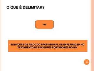 O QUE É DELIMITAR?
SITUAÇÕES DE RISCO DO PROFISSIONAL DE ENFERMAGEM NO
TRATAMENTO DE PACIENTES PORTADORES DO HIV
HIV
28
 