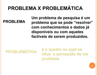PROBLEMA X PROBLEMÁTICA
34
PROBLEMA
Um problema de pesquisa é um
problema que se pode “resolver”
com conhecimentos e dados já
disponíveis ou com aqueles
factíveis de serem produzidos.
PROBLEMÁTICA
é o quadro no qual se
situa a percepção de um
problema
 