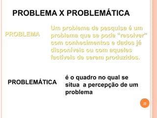 PROBLEMA X PROBLEMÁTICA
35
PROBLEMA
Um problema de pesquisa é um
problema que se pode “resolver”
com conhecimentos e dados já
disponíveis ou com aqueles
factíveis de serem produzidos.
PROBLEMÁTICA
é o quadro no qual se
situa a percepção de um
problema
 