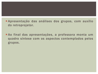  Apresentação das análises dos grupos, com auxílio
do retroprojetor.
 Ao final das apresentações, a professora monta um
quadro síntese com os aspectos contemplados pelos
grupos.
 