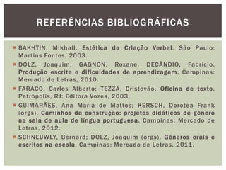  BAKHTIN, Mikhail. Estética da Criação Verbal. São Paulo:
Martins Fontes, 2003.
 DOLZ, Joaquim; GAGNON, Roxane; DECÂNDIO, Fabrício.
Produção escrita e dificuldades de aprendizagem. Campinas:
Mercado de Letras, 2010.
 FARACO, Carlos Alberto; TEZZA, Cristovão. Oficina de texto.
Petrópolis, RJ: Editora Vozes, 2003.
 GUIMARÃES, Ana Maria de Mattos; KERSCH, Dorotea Frank
(orgs). Caminhos da construção: projetos didáticos de gênero
na sala de aula de língua portuguesa. Campinas: Mercado de
Letras, 2012.
 SCHNEUWLY, Bernard; DOLZ, Joaquim (orgs). Gêneros orais e
escritos na escola. Campinas: Mercado de Letras, 2011.
REFERÊNCIAS BIBLIOGRÁFICAS
 