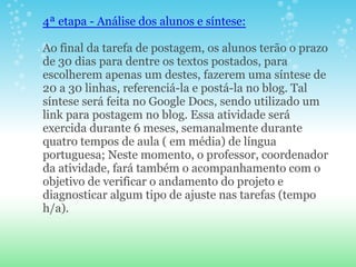 4ª etapa - Análise dos alunos e síntese:

Ao final da tarefa de postagem, os alunos terão o prazo
de 30 dias para dentre os textos postados, para
escolherem apenas um destes, fazerem uma síntese de
20 a 30 linhas, referenciá-la e postá-la no blog. Tal
síntese será feita no Google Docs, sendo utilizado um
link para postagem no blog. Essa atividade será
exercida durante 6 meses, semanalmente durante
quatro tempos de aula ( em média) de língua
portuguesa; Neste momento, o professor, coordenador
da atividade, fará também o acompanhamento com o
objetivo de verificar o andamento do projeto e
diagnosticar algum tipo de ajuste nas tarefas (tempo
h/a).
 