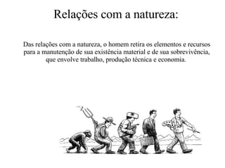 Relações com a natureza: Das relações com a natureza, o homem retira os elementos e recursos para a manutenção de sua existência material e de sua sobrevivência, que envolve trabalho, produção técnica e economia.   