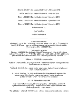 Zákon č. 503/2011 Z.z. nadobudol účinnosť 1. februárom 2012.
Zákon č. 79/2012 Z.z. nadobudol účinnosť 1. marcom 2012.
Zákon č. 335/2012 Z.z. nadobudol účinnosť 1. januárom 2015.
Zákon č. 392/2012 Z.z. nadobudol účinnosť 1. januárom 2013.
Zákon č. 462/2013 Z.z. nadobudol účinnosť 1. januárom 2014.
Rudolf Schuster v.r.
Jozef Migaš v.r.
Mikuláš Dzurinda v.r.
____________________
*) Poznámka redakcie:
Zákonom č. 220/2011 Z.z. došlo v čl. VI bod 57 k zmene § 197 ods. 1. Účinnosť čl. VI
bod 57 [§ 197 ods. 1 písm. b) a c)] bola pozastavená uznesením Ústavného súdu
Slovenskej republiky č. 308/2011 Z.z.
**) Poznámka redakcie:
Zákonom č. 220/2011 Z.z. došlo v čl. VI bod 77 k doplneniu § 265e až 265j vrátane
nadpisu. Účinnosť čl. VI bod 77 [§ 265e, § 265f ods. 1 až 4, § 265g, § 265h, § 265i] bola
pozastavená uznesením Ústavného súdu Slovenskej republiky č. 308/2011 Z.z.
1) Zákon č. 153/2001 Z.z. o prokuratúre.
4) Zákon č. 131/2002 Z.z. o vysokých školách a o zmene a doplnení niektorých zákonov
v znení neskorších predpisov.
7) Zákon č. 330/2007 Z.z. o registri trestov a o zmene a doplnení niektorých zákonov v
znení neskorších predpisov.
8) Zákon č. 365/2004 Z.z. o rovnakom zaobchádzaní v niektorých oblastiach a o
ochrane pred diskrimináciou a o zmene a doplnení niektorých zákonov
(antidiskriminačný zákon) v znení neskorších predpisov.
9) § 116 Občianskeho zákonníka.
11) § 6 zákona Národnej rady Slovenskej republiky č. 63/1993 Z.z. o štátnych
symboloch Slovenskej republiky a ich používaní v znení zákona Národnej rady
Slovenskej republiky č. 273/1996 Z.z.
11a) § 26 ods. 1 zákona č. 215/2004 Z.z. o ochrane utajovaných skutočností a o zmene

 
