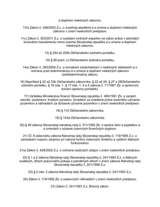 a doplnení niektorých zákonov.
11b) Zákon č. 548/2003 Z.z. o Justičnej akadémii a o zmene a doplnení niektorých
zákonov v znení neskorších predpisov.
11c) Zákon č. 503/2011 Z.z. o vysielaní civilných expertov na výkon práce v aktivitách
krízového manažmentu mimo územia Slovenskej republiky a o zmene a doplnení
niektorých zákonov.
13) § 244 až 250k Občianskeho súdneho poriadku.
14) § 80 písm. c) Občianskeho súdneho poriadku.
14a) Zákon č. 365/2004 Z.z. o rovnakom zaobchádzaní v niektorých oblastiach a o
ochrane pred diskrimináciou a o zmene a doplnení niektorých zákonov
(antidiskriminačný zákon).
16) Napríklad § 22 až 33b Občianskeho zákonníka, § 22 až 24, § 27 a 28Občianskeho
súdneho poriadku, § 16 ods. 1, § 17 ods. 1, 4 a 5 zákona č. 71/1967 Zb. o správnom
konaní (správny poriadok).
17) Vyhláška Ministerstva financií Slovenskej republiky č. 465/1991 Zb. o cenách
stavieb, pozemkov, trvalých porastov, úhradách za zriadenie práva osobného užívania
pozemkov a náhradách za dočasné užívanie pozemkov v znení neskorších predpisov.
18) § 115 Občianskeho zákonníka.
19) § 143a Občianskeho zákonníka.
20) § 40 zákona Slovenskej národnej rady č. 511/1992 Zb. o správe daní a poplatkov a
o zmenách v sústave územných finančných orgánov.
21) Čl. 6 ústavného zákona Národnej rady Slovenskej republiky č. 119/1995 Z.z. o
zamedzení rozporu záujmov pri výkone funkcií ústavných činiteľov a vyšších štátnych
funkcionárov.
21a) Zákon č. 428/2002 Z.z. o ochrane osobných údajov v znení neskorších predpisov.
22) § 1 a 2 zákona Národnej rady Slovenskej republiky č. 241/1993 Z.z. o štátnych
sviatkoch, dňoch pracovného pokoja a pamätných dňoch v znení zákona Národnej rady
Slovenskej republiky č. 201/1996 Z.z.
23) § 2 ods. 2 zákona Národnej rady Slovenskej republiky č. 241/1993 Z.z.
24) Zákon č. 119/1992 Zb. o cestovných náhradách v znení neskorších predpisov.
27) Zákon č. 351/1997 Z.z. Branný zákon.

 