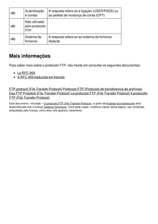 x3z 
Autenticação 
e contas 
A resposta refere-se à ligação (USER/PASS) ou 
ao pedido de mudança de conta (CPT) 
x4z 
Não utilizado 
pelo protocolo 
FTP 
x5z 
Sistema de 
ficheiros 
A resposta refere-se ao sistema de ficheiros 
distante 
Mais informações 
Para saber mais sobre o protocolo FTP, não hesite em consultar os seguintes documentos: 
La RFC 959 
A RFC 959 traduzida em francês 
FTP protocol (File Transfer Protocol) Protocolo FTP (Protocolo de transferencia de archivos) 
Das FTP Protokoll (File Transfer Protocol) Le protocole FTP (File Transfer Protocol) Il protocollo 
FTP (File Transfer Protocol) 
Este documento, intitulado « O protocolo FTP (File Transfer Protocol) »a partir de Kioskea (pt.kioskea.net) está 
disponibilizado sob a licença Creative Commons. Você pode copiar, modificar cópias desta página, nas condições 
estipuladas pela licença, como esta nota aparece claramente. 
