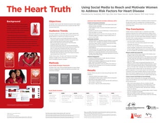 The Heart Truth                                                                                                                                                              ®                                   Using Social Media to Reach and Motivate Women
                                                                                                                                                                                                                 to Address Risk Factors for Heart Disease
                                                                                                                                                                                                                 Presented by Ann Taubenheim, Ph.D1; Dana Allen-Greil; Megan Yarmuth; Jennifer Wayman, MHS2; Sarah Temple3




Background                                                                                            Objectives                                                                                                                   American Heart Month Activities (February 2011)                                                           With an impact of many millions of additional audience impressions
                                                                                                                                                                                                                                                                                                                                             through social media, the campaign team concluded that these
                                                                                                                                                                                                                                   Content and Experience Promotion
                                                                                                      To educate women about heart disease and prompt action against                                                                                                                                                                         channels provide an effective means of further extending the reach
The National Heart, Lung, and Blood Institute                                                                                                                                                                                      •	
                                                                                                                                                                                                                                     Facebook page for campaign fans to talk openly about heart
                                                                                                      key risk factors by empowering women to spread The Heart Truth®                                                                                                                                                                        of The Heart Truth®.
(NHLBI) launched a national social marketing                                                                                                                                                                                           disease and gain knowledge
                                                                                                      via social media tools.
                                                                                                                                                                                                                                   •	
                                                                                                                                                                                                                                     Twitter platform to give consumers actionable support to be

                                                                                                                                                                                                                                                                                                                                             The Conclusions
campaign—The Heart Truth —in 2002 to increase
                                          ®
                                                                                                                                                                                                                                       heart healthy
women’s awareness of their #1 killer and prompt
                                                                                                      Audience Trends                                                                                                              •	
                                                                                                                                                                                                                                     Content for consumer use and amplification, including photos on
                                                                                                                                                                                                                                       Flickr and videos on YouTube
                                                                                                                                                                                                                                                                                                                                             NHLBI continues to lead the nation in a landmark heart health
them to take action to reduce their risk.
                                                                                                      The primary audience for The Heart Truth® is women ages 40-60;                                                                                                                                                                         awareness movement that is being embraced by millions, and its
                                                                                                                                                                                                                                   •	 Web-based PSA banners that link to the campaign Web site
                                                                                                      secondary audiences include women ages 25-39 and women over                                                                                                                                                                            Red Dress symbol has become a widely recognized health symbol
In 2007, The Heart Truth® campaign began to                                                                                                                                                                                        •	 hareable widgets and badges to support taking action on
                                                                                                                                                                                                                                       S
                                                                                                      age 60. Research on Internet use in America shows that:                                                                                                                                                                                across the country. The social media strategy deployed in support of
utilize social media to disseminate messages, foster online community,                                                                                                                                                                 personal heart health
                                                                                                      •	
                                                                                                        86% of online women pursue health information on the Web                                     4                                                                                                                                       The Heart Truth® campaign represents one component of a national,
and promote events and resources to reach and motivate women to                                                                                                                                                                    Community Activation
                                                                                                      •	
                                                                                                        Looking for health information is the third most popular online                                                                                                                                                                      multi-faceted communications initiative.
                                                                                                                                                                                                                                   •	
                                                                                                                                                                                                                                     Facebook group for Champions (women trained to incorporate
lower their personal risk for heart disease. Each year, social media                                    pursuit, following email and using a search engine5                                                                                                                                                                                  •	 more than 5 billion media impressions;
                                                                                                                                                                                                                                     The Heart Truth® messages and materials into their existing
                                                                                                      •	
                                                                                                        69% of online women are users of social networking sites                                                                                                                                                                             •	
                                                                                                                                                                                                                                                                                                                                               more than 500 community-based programs such as galas,
efforts have been expanded to include new channels and tactics in                                                                                                                                                                    community health outreach activities), where they can share
                                                                                                        (compared with 60% of online men)                                                                                                                                                                                                      screenings, and seminars;
                                                                                                                                                                                                                                     best practices in local social marketing
support of the NHLBI campaign and key events such as National Wear                                    •	
                                                                                                        Women are more active in their use of social networking sites,                                                                                                                                                                       •	
                                                                                                                                                                                                                                                                                                                                               The Heart Truth® and Red Dress on more than 9.5 billion
                                                                                                                                                                                                                                   •	
                                                                                                                                                                                                                                     Announcements of community success stories on campaign
Red Day® and the Red Dress Collection Fashion Show.                                                     with almost half of female Internet users using social networking                                                                                                                                                                      product packages, including Diet Coke and Cheerios; and
                                                                                                                                                                                                                                     online platforms
                                                                                                        sites on a typical day (compared with 38% of male users)6
                                                                                                                                                                                                                                   •	
                                                                                                                                                                                                                                     Cross-promotion with corporate and community partners to                                                •	 heart health programming grants to communities awarded
                                                                                                                                                                                                                                                                                                                                               29
                                                                                                      •	
                                                                                                        Social networking site use among users age 65 and older
                                                                                                                                                                                                                                     extend campaign messaging into their online communities                                                   by The Foundation for the National Institutes of Health (FNIH).
                                                                                                        grew 150% between 2009 and 2011 (from 13% in to 33%).
                                                                                                                                                                                                                                   •	
                                                                                                                                                                                                                                     Distribution of campaign-developed, science-based materials
                                                                                                        During this same time period, use by 50-64 year-old internet                                                                                                                                                                         Research studies have found that:
                                                                                                                                                                                                                                     through social media platforms to equip individuals to hold their
                                                                                                        users doubled (from 25% to 51%).7                                                                                                                                                                                                    •	
                                                                                                                                                                                                                                                                                                                                               54% of women identified heart disease as their leading cause
                                                                                                                                                                                                                                     own heart truth events locally
                                                                                                                                                                                                                                                                                                                                               of death in 2010, up from 30% in 1997.8
                                                                                                      In light of these trends, The Heart Truth® devised a social media
                                                                                                                                                                                                                                   Influencer Engagement                                                                                     •	
                                                                                                                                                                                                                                                                                                                                               Those who know that heart disease is the leading cause of death
                                                                                                      strategy to engage women online and provide the necessary                                                                    •	Outreach to leading women’s health, lifestyle and fashion/                                               in women were 35% more likely to be physically active and 47%
                                                                                                      tools for spreading campaign messages.                                                                                          entertainment-focused bloggers                                                                           were more likely to report weight loss compared to those who
                                                                                                                                                                                                                                   •	Celebrity and designer engagement through their personal                                                 were less aware.9

                                                                                                      Methods                                                                                                                      •	
                                                                                                                                                                                                                                      blogs, Twitter, and Facebook accounts
                                                                                                                                                                                                                                      Relationship maintenance online and offline with influencers
                                                                                                                                                                                                                                                                                                                                             •	
                                                                                                                                                                                                                                                                                                                                               58% of U.S. adult women recognized the Red Dress as the
                                                                                                                                                                                                                                                                                                                                               national symbol for women and heart disease awareness in 2010.10
                                                                                                      Social Media Strategic Framework                                                                                                involved with the campaign, such as Founding Ambassador                                                •	
                                                                                                                                                                                                                                                                                                                                               Women who reported recently seeing or hearing about the Red
                                                                                                                                                                                                                                      First Lady Laura Bush                                                                                    Dress or The Heart Truth® campaign were substantially more likely
                                                                                                      The Heart Truth® uses a three-pronged approach to social media:
                                                                                                                                                                                                                                                                                                                                               than other women to take at least one risk-reduction as a result.11
                                                                                                      influencer engagement; content and experience promotion; and
                                                                                                      community activation.                                                                                                        Results                                                                                                   Effective application of social media supports and extends each
                                                                                                                                                                                                                                                                                                                                             component of the overall campaign, helping to increase awareness
                                                                                                                                                                                                                                   Outreach efforts and word-of-mouth during through March 2011                                              about heart disease, engaging women with information about risk
                                                                                                                                                                                                                                   resulted in:                                                                                              factors, and promoting actions that women can take to reduce their risk.
                                                                                                                                                Content and
                                                                                                          Influencer                            Experience                            Community                                    •	
                                                                                                                                                                                                                                     more than 14,000 social media mentions                                                                  Lessons Learned: Social Media for Social Marketing
                                                                                                          Engagement                            Promotion                             Activation                                   •	 estimated 54 million unique monthly visitors to blog posts
                                                                                                                                                                                                                                     an                                                                                                      Over the course of several years, the campaign has gleaned key
                                                                                                          Creating content that                 Engaging the right                    Driving communities                            generated through blogger outreach
                                                                                                          motivates women to                    influencers to reach our              to join The Heart Truth®                                                                                                                               insights into the effective use of social media for raising awareness
                                                                                                          take action to protect                target audience and                   movement and enlist                          •	
                                                                                                                                                                                                                                     75% increase in Facebook fans and more than 800 interactions
                                                                                                          their heart health.                   motivate them to act                  others to do the same.                                                                                                                                 and prompting action:
                                                                                                                                                                                                                                   •	
                                                                                                                                                                                                                                     42% increase in Twitter fans
                                                                                                                                                                                                                                                                                                                                             •	
                                                                                                                                                                                                                                                                                                                                               Align social media programs with your initiative’s broader
                                                                                                                                                                                                                                   •	 increase in Web site traffic (hearttruth.gov)
                                                                                                                                                                                                                                     8%
                                                                                                                                                                                                                                                                                                                                               strategy to ensure that they have a meaningful impact on the
                                                                                                                                                                                                                                                                                                                                               fundamental attitude and/or behavior you wish to influence.
                                                                                                                                                                                                                                                                                                                                             •	
                                                                                                                                                                                                                                                                                                                                               Don’t talk to your audiences online. Talk with them. Optimize
                                                                                                                                                                                                                                                                                                                                               content by listening.
                                                                                                     Social Media Evolution                                                                                                                                                                                                                  •	
                                                                                                                                                                                                                                                                                                                                               Develop a constant stream of compelling digital content, making
                                                                                                                                                                                                                                                                                                                                               sure your messages are shareable.
                                                                                                     2007                                      2008                                      2009                                  2010                                    2011                                    2012                          •	
                                                                                                                                                                                                                                                                                                                                               Make sure content is simple, compelling, transparent, and
                                                                                                                                                                                                                                                                                                                                               authentic. Be mindful of the pace at which users are consuming
                                                                                                     •  enerate online
                                                                                                       G                                       •  romote National Wear
                                                                                                                                                 P                                       •  reate Community
                                                                                                                                                                                           C                                   •  aunch Twitter
                                                                                                                                                                                                                                 L                                     •  evelop custom “Get
                                                                                                                                                                                                                                                                         D                                     •  aunch Pinterest
                                                                                                                                                                                                                                                                                                                 L
                                                                                                                                                                                                                                                                                                                                               content on the Web.
                                                                                                       buzz through                              Red Day® with widgets                     Action Web Page with                  account and hold                        Involved” Facebook tab                  channel with photos of
                                                                                                       blogger outreach                                                                    embeddable badges                     first Twitter Party                                                             heart-healthy recipes
                                                                                                                                               •  hare photos with
                                                                                                                                                 S                                                                                                                     •  ngage strategic
                                                                                                                                                                                                                                                                         E
                                                                                                     •  dvertise with
                                                                                                       A                                         Flickr account                                                                •  tream Fashion
                                                                                                                                                                                                                                 S                                       partners (corporate,                  •  o-lead Twitter chat
                                                                                                                                                                                                                                                                                                                 C
                                                                                                       online banners                                                                                                            Show live                               celebrity) to spread                    with influential partners
                                                                                                                                               • Launch Facebook page
                                                                                                                                                                                                                                                                         the word through their
                                                                                                                                                                                                                               •  hare video
                                                                                                                                                                                                                                 S
® The Heart Truth, its logo and The Red Dress are registered trademarks of HHS.                                                                                                                                                                                          social networks
® National Wear Red Day is a registered trademark of HHS and AHA.
                                                                                                                                                                                                                                 on YouTube




                                                                                                                                                                                                                    8
                                                                                                                                                                                                                         M
                                                                                                                                                                                                                          osca, L. et al. (2010). “Twelve-Year Follow-Up of American Women’s Awareness of Cardiovascular
                                                                                                                                                                                                                         Disease Risk and Barrier to Heart Health.” Circulation: Cardiovascular Quality and Outcomes, 3:120-127.
                                                                                       5
                                                                                           P
                                                                                            ew Research Center’s Internet  American Life Project (2011). “Health Topics.”                                              http://circoutcomes.ahajournals.org/content/3/2/120.full
1
    National Heart, Lung, and Blood Institute
                                                                                           http://www.pewinternet.org/Reports/2011/HealthTopics/Part-2/Women.aspx
2
    Ogilvy Washington                                                                                                                                                                                               9
                                                                                                                                                                                                                         M
                                                                                                                                                                                                                          osca, L. et al. (2010). “Twelve-Year Follow-Up of American Women’s Awareness of Cardiovascular
                                                                                       6
                                                                                           P
                                                                                            ew Research Center’s Internet  American Life Project (2011). “65% of online adults us social networking sites.”            Disease Risk and Barrier to Heart Health.” Circulation: Cardiovascular Quality and Outcomes, 3:120-127.
3
    PATH, formerly of Ogilvy Washington                                                    http://www.pewinternet.org/Reports/2011/Social-Networking-Sites/Report/Part-2.aspx
                                                                                                                                                                                                                    10
                                                                                                                                                                                                                         The Heart Truth partner-funded survey, March/April 2010.
4
    P
     ew Research Center’s Internet  American Life Project (2011). “Health Topics.”   7
                                                                                           P
                                                                                            ew Research Center’s Internet  American Life Project (2011). “65% of online adults us social networking sites.”
    http://www.pewinternet.org/Reports/2011/HealthTopics/Part-2/Women.aspx                 http://www.pewinternet.org/Reports/2011/Social-Networking-Sites/Report/Part-2.aspx                                       11
                                                                                                                                                                                                                         The Heart Truth partner-funded survey, March/April 2010.
 