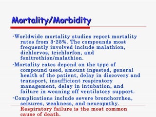 Mortality / Morbidity   -Worldwide mortality studies report mortality rates from 3-25%. The compounds most frequently involved include malathion, dichlorvos, trichlorfon, and fenitrothion/malathion.  -Mortality rates depend on the type of compound used, amount ingested, general health of the patient, delay in discovery and transport, insufficient respiratory management, delay in intubation, and failure in weaning off ventilatory support.  -Complications include severe bronchorrhea, seizures, weakness, and neuropathy.  Respiratory failure is the most common cause of death. 