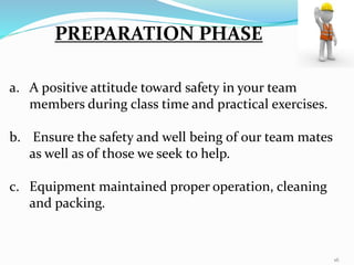 PREPARATION PHASE
a. A positive attitude toward safety in your team
members during class time and practical exercises.
b. Ensure the safety and well being of our team mates
as well as of those we seek to help.
c. Equipment maintained proper operation, cleaning
and packing.
161
 