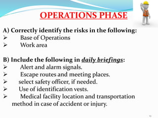 OPERATIONS PHASE
A) Correctly identify the risks in the following:
 Base of Operations
 Work area
B) Include the following in daily briefings:
 Alert and alarm signals.
 Escape routes and meeting places.
 select safety officer, if needed.
 Use of identification vests.
 Medical facility location and transportation
method in case of accident or injury.
19
 