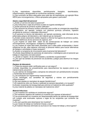 32
8.¿Hay respiradores disponibles, periódicamente limpiados, desinfectados,
inspeccionados y almacenados en condiciones sanitarias y limpias?
9.¿Hay suministro de filtros adecuados para cada tipo de respiradores, por ejemplo filtros
HEPA para microorganismos, o filtros apropiados para gases o partículas?
Salud y seguridad del personal
1.¿Existe un servicio de salud ocupacional?
2.¿Hay botiquines o cajas de primeros auxilios en lugares estratégicos?
3.¿Existe personal de primeros auxilios calificado?
4.¿Hay personal de primeros auxilios entrenado para auxiliar en emergencias específicas
de laboratorio, por ejemplo: contacto con reactivos químicos corrosivos, ingestión
accidental de venenos o materiales infecciosos?
5.¿El personal no técnico del laboratorio, por ejemplo secretarias, está informado de los
potenciales peligros del laboratorio y del material que se manipula?
6.¿Existen avisos claramente visibles respecto a informar los lugares de primeros auxilios,
números telefónicos de los servicios de urgencia, etc?
7.¿Las mujeres en edad fértil saben de las consecuencias de trabajar con ciertos
microorganismos, carcinógenos, mutágenos o teratógenos?
8.¿Las mujeres en edad fértil están advertidas que si ellas están embarazadas o tienen
sospechas de ello, ellas debieran informarlo al personal médico para buscar alternativas
de trabajos o actividades si fuese necesario?
9.¿Existen un programa de inmunización para el personal del laboratorio?
10.¿Existe disponibilidad de exámenes de tuberculina o radiológicos para el personal que
trabaja en diagnóstico de tuberculosis?
11.¿Existe un registro de las enfermedades y accidentes ocupacionales?
12.¿Se usan las señales de prevención de accidentes y peligro para disminuir los riesgos
laborales?
Equipos de laboratorio
1.¿Todos los equipos están certificados para un uso seguro?
2.¿Están disponibles los procedimientos para descontaminar los equipos previo a su
mantenimiento preventivo?
3.¿Las cabinas de bioseguridad y campanas de extracción son periódicamente revisadas
y mantenidas técnicamente?
4.¿Las autoclaves son regularmente inspeccionadas?
5.¿Las centrífugas, sus canastillos de seguridad y rotores son periódicamente
inspeccionados?
6.¿Se usan pipetas en reemplazo de agujas hipodérmicas?
7.¿El material de vidrio con fisuras o quebrado es siempre descartado y no reusado?
8.¿Existen recipientes de bioseguridad para eliminar el material de vidrio quebrado?
9.¿Usa material de plástico en reemplazo del material de vidrio?
Material Infeccioso
1.¿Las muestras son recibidas en condiciones seguras?
2.¿Se mantienen registros del material y/o muestras que ingresan al laboratorio?
3.¿Las encomiendas con muestras son desempacadas dentro de cabinas de bioseguridad
con cuidado ante eventuales rupturas o fugas de los recipientes que contienen las
muestras?
4.¿Se usan guantes para desempacar las muestras?
5.¿Las mesas de trabajo se mantienen limpias y secas?
6.¿El material infeccioso eliminado se acumula en las mesas de trabajo y otros lugares?
 