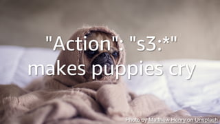 © 2018, Amazon Web Services, Inc. or its Aﬃliates. All rights reserved.
"Action": "s3:*"
makes puppies cry
Photo by Matthew Henry on Unsplash
 