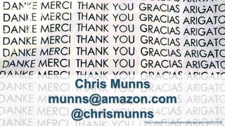 © 2018, Amazon Web Services, Inc. or its Aﬃliates. All rights reserved.
Chris Munns
munns@amazon.com
@chrismunnshttps://www.flickr.com/photos/theredproject/3302110152/
 