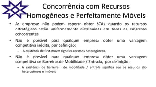 Concorrência com Recursos
Homogêneos e Perfeitamente Móveis
• As empresas não podem esperar obter SCAs quando os recursos
estratégicos estão uniformemente distribuídos em todas as empresas
concorrentes.
• Não é possível para qualquer empresa obter uma vantagem
competitiva inédita, por definição:
– A existência de first-mover significa recursos heterogêneos.
• Não é possível para qualquer empresa obter uma vantagem
competitiva de Barreiras de Mobilidade / Entrada, por definição:
– A existência de barreiras de mobilidade / entrada significa que os recursos são
heterogêneos e imóveis
 
