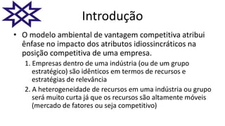 Introdução
• O modelo ambiental de vantagem competitiva atribui
ênfase no impacto dos atributos idiossincráticos na
posição competitiva de uma empresa.
1. Empresas dentro de uma indústria (ou de um grupo
estratégico) são idênticos em termos de recursos e
estratégias de relevância
2. A heterogeneidade de recursos em uma indústria ou grupo
será muito curta já que os recursos são altamente móveis
(mercado de fatores ou seja competitivo)
 