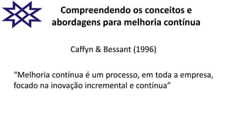 Compreendendo os conceitos e
abordagens para melhoria contínua
Caffyn & Bessant (1996)
“Melhoria contínua é um processo, em toda a empresa,
focado na inovação incremental e contínua”
 