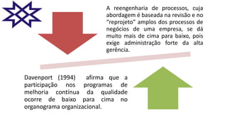 A reengenharia de processos, cuja
abordagem é baseada na revisão e no
“reprojeto” amplos dos processos de
negócios de uma empresa, se dá
muito mais de cima para baixo, pois
exige administração forte da alta
gerência.
Davenport (1994) afirma que a
participação nos programas de
melhoria contínua da qualidade
ocorre de baixo para cima no
organograma organizacional.
 
