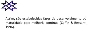 Assim, são estabelecidas fases de desenvolvimento ou
maturidade para melhoria contínua (Caffin & Bessant,
1996).
 