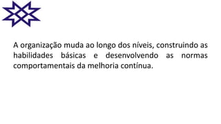 A organização muda ao longo dos níveis, construindo as
habilidades básicas e desenvolvendo as normas
comportamentais da melhoria contínua.
 
