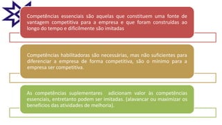 Competências essenciais são aquelas que constituem uma fonte de
vantagem competitiva para a empresa e que foram construídas ao
longo do tempo e dificilmente são imitadas
Competências habilitadoras são necessárias, mas não suficientes para
diferenciar a empresa de forma competitiva, são o mínimo para a
empresa ser competitiva.
As competências suplementares adicionam valor às competências
essenciais, entretanto podem ser imitadas. (alavancar ou maximizar os
benefícios das atividades de melhoria).
 
