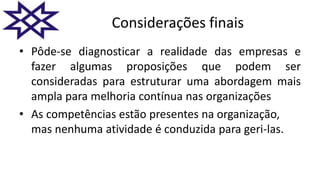 Considerações finais
• Pôde-se diagnosticar a realidade das empresas e
fazer algumas proposições que podem ser
consideradas para estruturar uma abordagem mais
ampla para melhoria contínua nas organizações
• As competências estão presentes na organização,
mas nenhuma atividade é conduzida para geri-las.
 