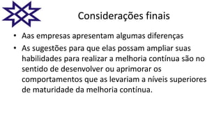 Considerações finais
• Aas empresas apresentam algumas diferenças
• As sugestões para que elas possam ampliar suas
habilidades para realizar a melhoria contínua são no
sentido de desenvolver ou aprimorar os
comportamentos que as levariam a níveis superiores
de maturidade da melhoria contínua.
 