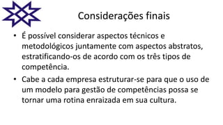 Considerações finais
• É possível considerar aspectos técnicos e
metodológicos juntamente com aspectos abstratos,
estratificando-os de acordo com os três tipos de
competência.
• Cabe a cada empresa estruturar-se para que o uso de
um modelo para gestão de competências possa se
tornar uma rotina enraizada em sua cultura.
 