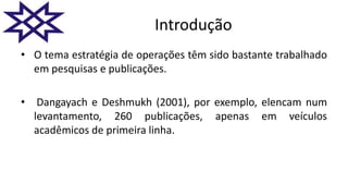 Introdução
• O tema estratégia de operações têm sido bastante trabalhado
em pesquisas e publicações.
• Dangayach e Deshmukh (2001), por exemplo, elencam num
levantamento, 260 publicações, apenas em veículos
acadêmicos de primeira linha.
 