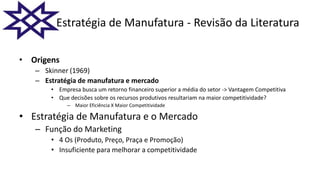 • Origens
– Skinner (1969)
– Estratégia de manufatura e mercado
• Empresa busca um retorno financeiro superior a média do setor -> Vantagem Competitiva
• Que decisões sobre os recursos produtivos resultariam na maior competitividade?
– Maior Eficiência X Maior Competitividade
• Estratégia de Manufatura e o Mercado
– Função do Marketing
• 4 Os (Produto, Preço, Praça e Promoção)
• Insuficiente para melhorar a competitividade
Estratégia de Manufatura - Revisão da Literatura
 