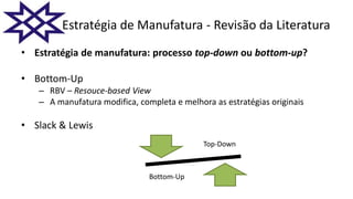 • Estratégia de manufatura: processo top-down ou bottom-up?
• Bottom-Up
– RBV – Resouce-based View
– A manufatura modifica, completa e melhora as estratégias originais
• Slack & Lewis
.
Top-Down
Bottom-Up
Estratégia de Manufatura - Revisão da Literatura
 