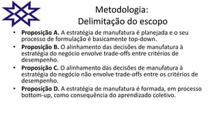 Metodologia:
Delimitação do escopo
• Proposição A. A estratégia de manufatura é planejada e o seu
processo de formulação é basicamente top-down.
• Proposição B. O alinhamento das decisões de manufatura à
estratégia do negócio envolve trade-offs entre critérios de
desempenho.
• Proposição C. O alinhamento das decisões de manufatura à
estratégia do negócio não envolve trade-offs entre os critérios de
desempenho.
• Proposição D. A estratégia de manufatura é formada, em processo
bottom-up, como consequência do aprendizado coletivo.
 