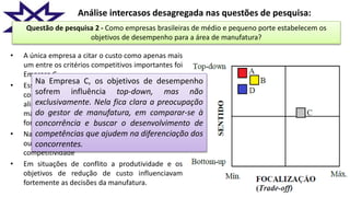 Análise intercasos desagregada nas questões de pesquisa:
• A única empresa a citar o custo como apenas mais
um entre os critérios competitivos importantes foi
Empresa C.
• Esse posicionamento ocorre mais como
consequência do esclarecimento profissional e
alinhamento pessoal dos gestores de marketing e
manufatura do que por intenção estratégica
formal.
• Nas demais empresas a velocidade, pontualidade
ou o nível de serviço são prioridades para a
competitividade
• Em situações de conflito a produtividade e os
objetivos de redução de custo influenciavam
fortemente as decisões da manufatura.
Questão de pesquisa 2 - Como empresas brasileiras de médio e pequeno porte estabelecem os
objetivos de desempenho para a área de manufatura?
Na Empresa C, os objetivos de desempenho
sofrem influência top-down, mas não
exclusivamente. Nela fica clara a preocupação
do gestor de manufatura, em comparar-se à
concorrência e buscar o desenvolvimento de
competências que ajudem na diferenciação dos
concorrentes.
 