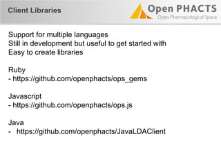 Client Libraries
Support for multiple languages
Still in development but useful to get started with
Easy to create libraries
Ruby
- https://github.com/openphacts/ops_gems
Javascript
- https://github.com/openphacts/ops.js
Java
- https://github.com/openphacts/JavaLDAClient
 