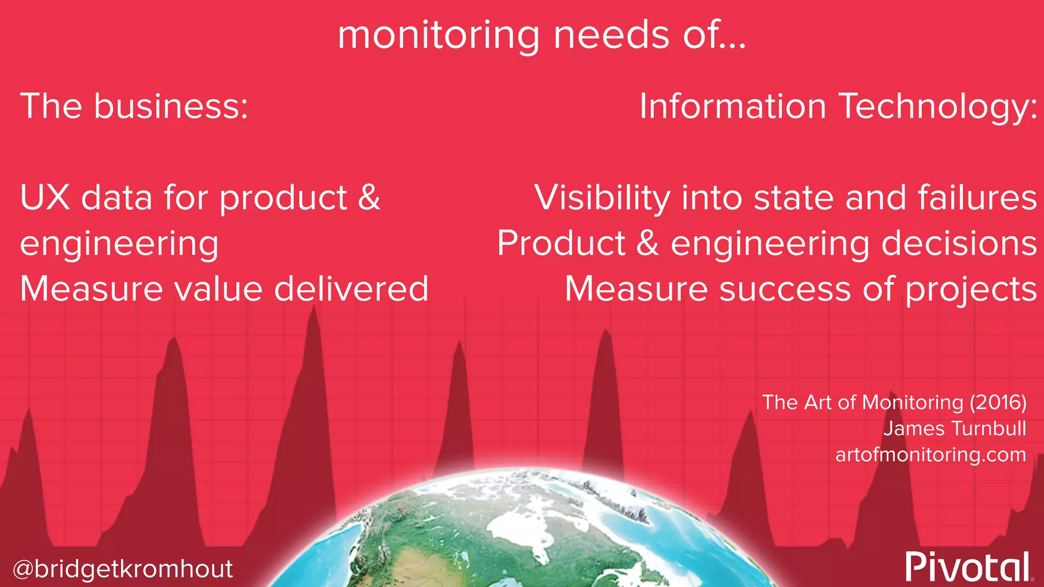 @bridgetkromhout
The business:
UX data for product &
engineering
Measure value delivered
Information Technology:
Visibility into state and failures
Product & engineering decisions
Measure success of projects
monitoring needs of…
The Art of Monitoring (2016)
James Turnbull
artofmonitoring.com
 