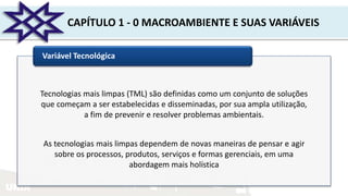 UNIR
CAPÍTULO 1 - 0 MACROAMBIENTE E SUAS VARIÁVEIS
Variável Tecnológica
Tecnologias mais limpas (TML) são definidas como um conjunto de soluções
que começam a ser estabelecidas e disseminadas, por sua ampla utilização,
a fim de prevenir e resolver problemas ambientais.
As tecnologias mais limpas dependem de novas maneiras de pensar e agir
sobre os processos, produtos, serviços e formas gerenciais, em uma
abordagem mais holística
 