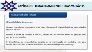 UNIR
CAPÍTULO 1 - 0 MACROAMBIENTE E SUAS VARIÁVEIS
Variável Ambiente Natural
Disponibilidade de recursos
O preço cobrado por um produto pode estar relacionado à disponibilidade de determinados
recursos naturais.
Quando a oferta de recursos é limitada, vender uma quantidade menor do produto, mas
por um preço mais alto.
0 demarketing, ou antimarketing, constitui-se na manipulação do marketing mix para
desmotivar, e não para estimular a demanda por determinado produto ou serviço.
 
