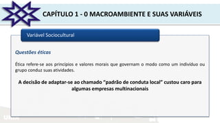 UNIR
CAPÍTULO 1 - 0 MACROAMBIENTE E SUAS VARIÁVEIS
Variável Sociocultural
Questões éticas
Ética refere-se aos princípios e valores morais que governam o modo como um indivíduo ou
grupo conduz suas atividades.
A decisão de adaptar-se ao chamado “padrão de conduta local” custou caro para
algumas empresas multinacionais
 